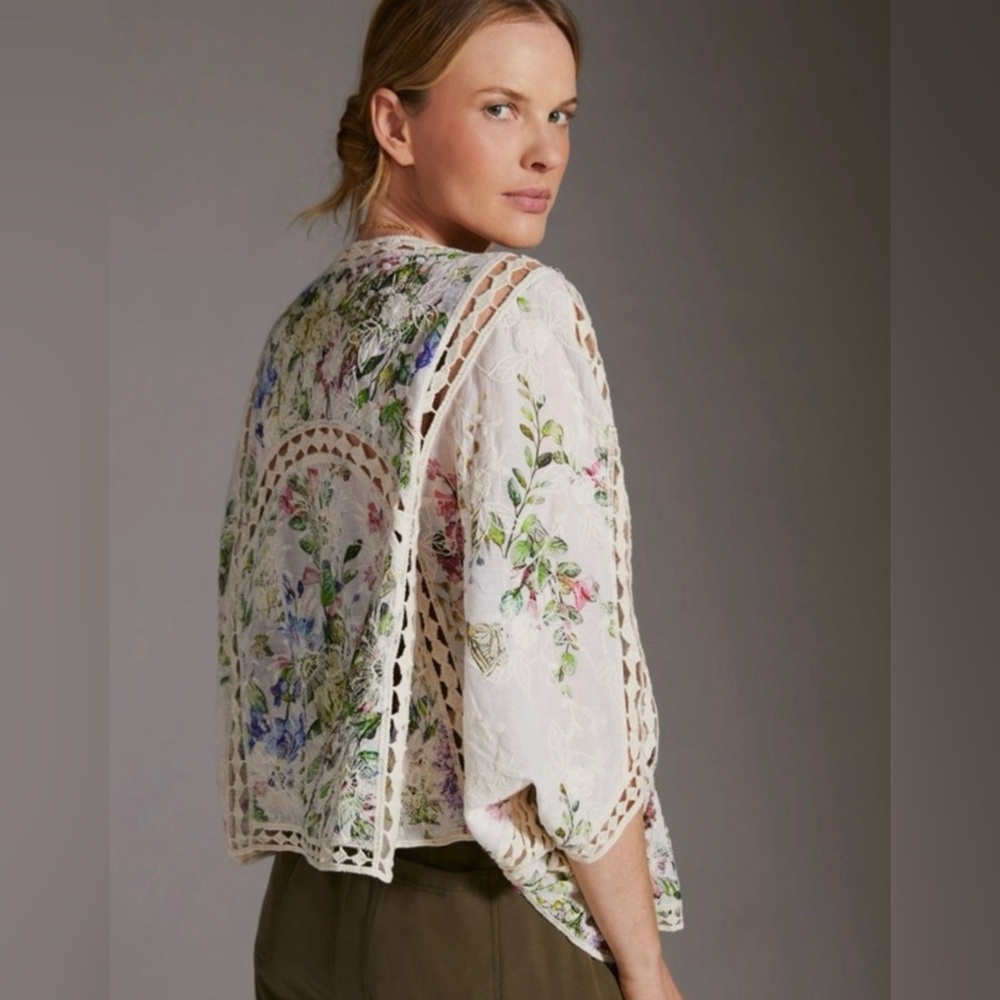 Anthropologie Ivory Floral Lace Kimono with Pastel Bouquet